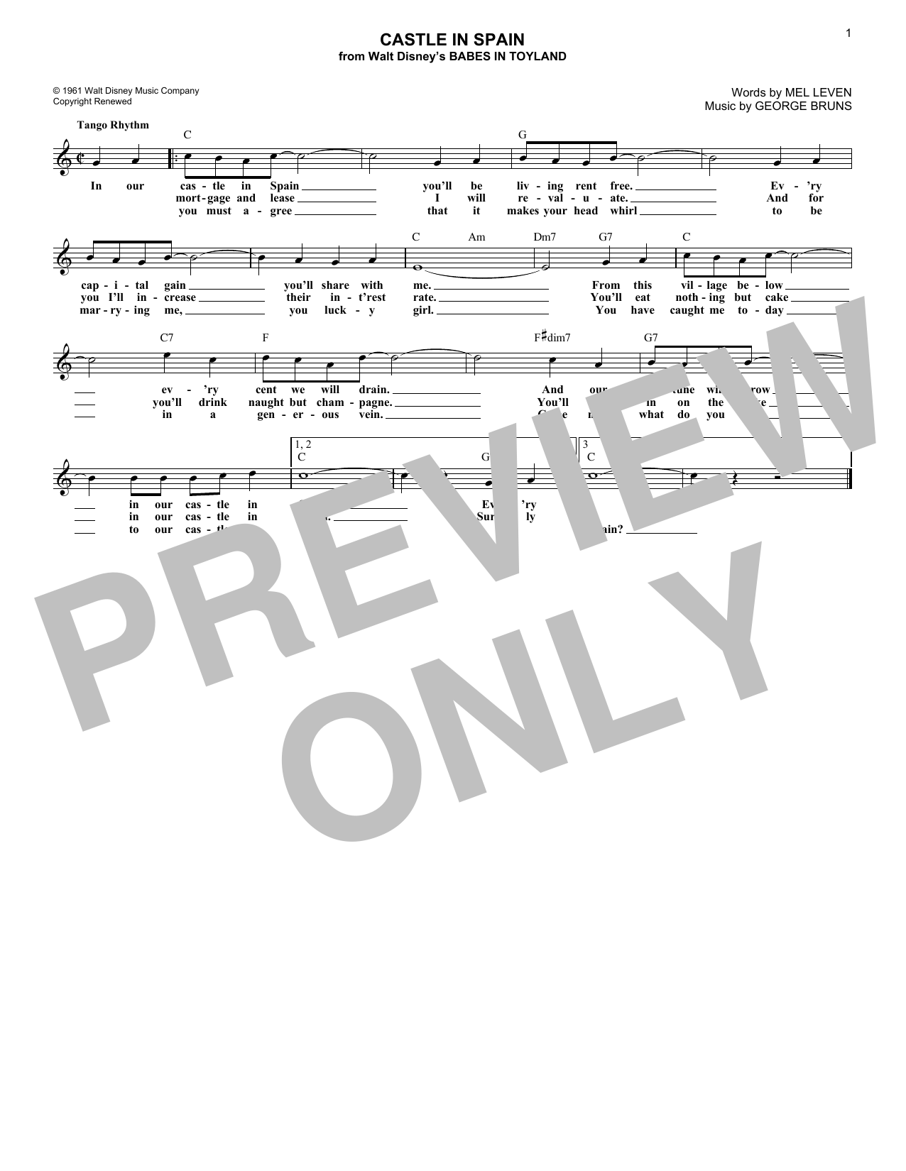 Download Mel Leven Castle In Spain Sheet Music and learn how to play Melody Line, Lyrics & Chords PDF digital score in minutes