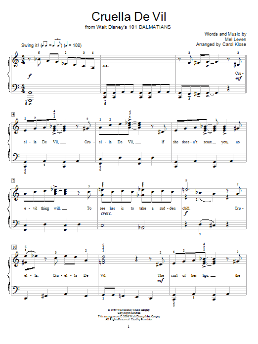Download Mel Leven Cruella De Vil Sheet Music and learn how to play Easy Piano PDF digital score in minutes