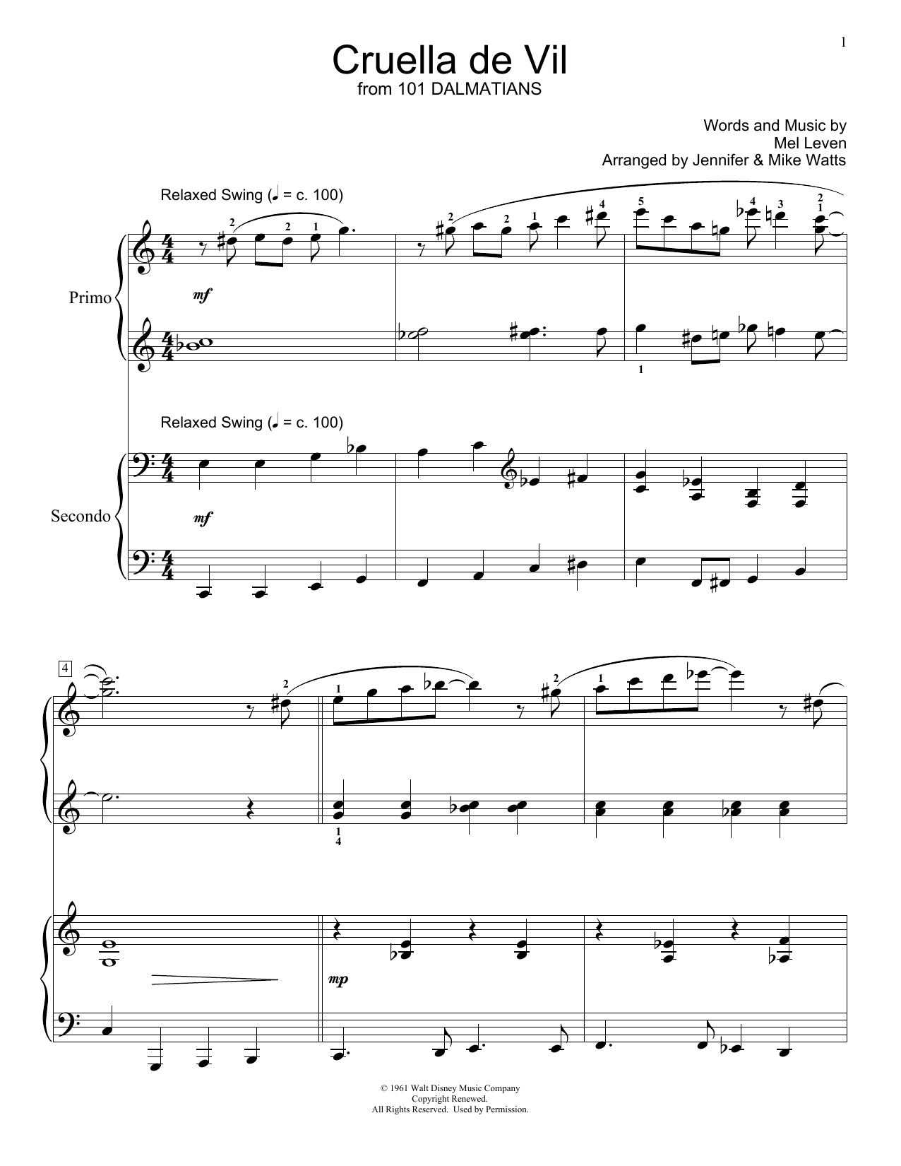 Download Jennifer and Mike Watts Cruella De Vil Sheet Music and learn how to play Piano Duet PDF digital score in minutes