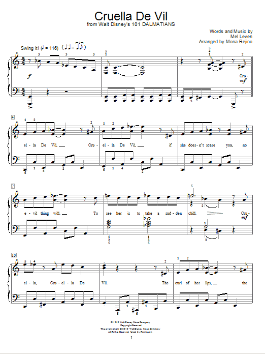Download Mel Leven Cruella De Vil Sheet Music and learn how to play Easy Piano PDF digital score in minutes