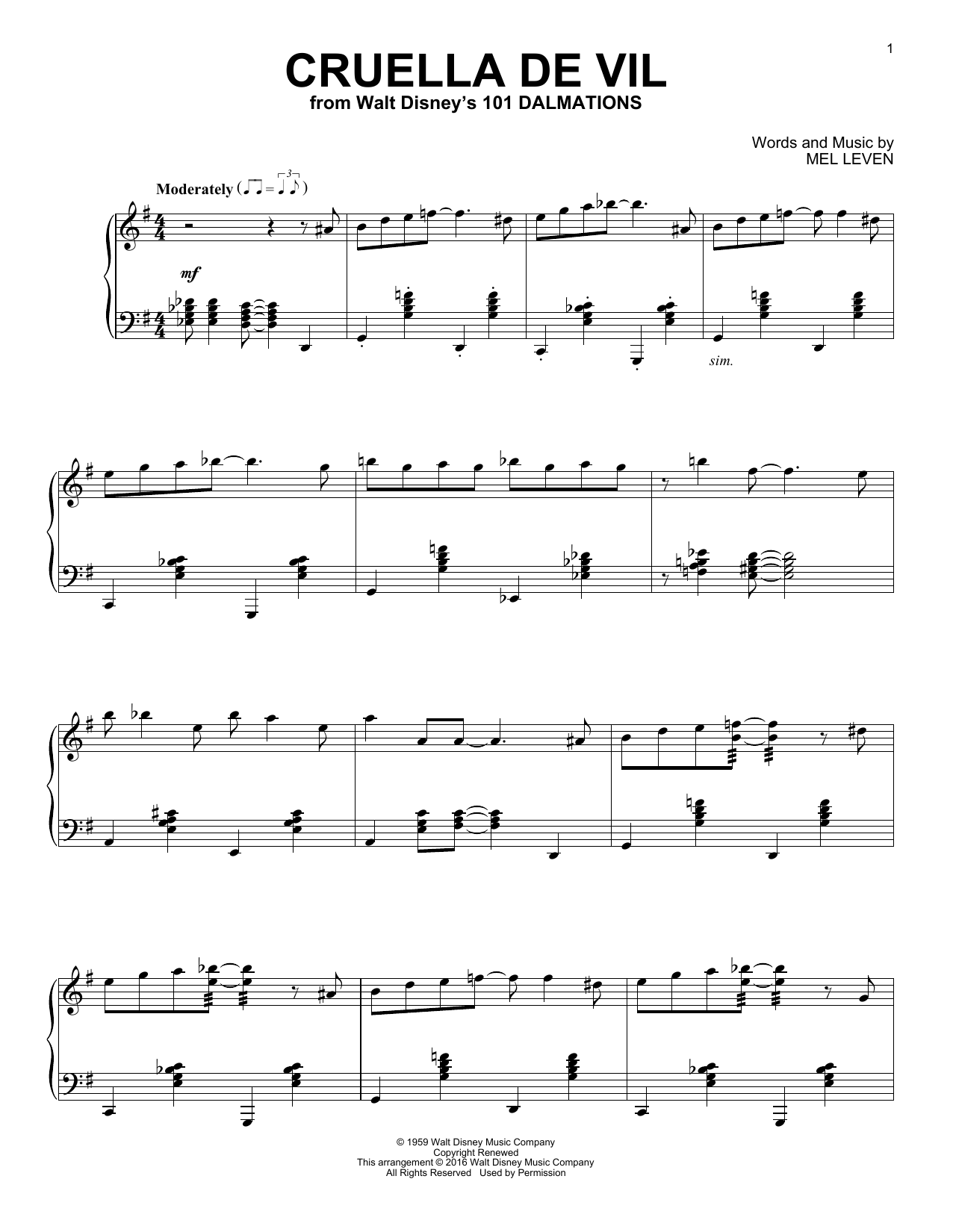 Download Mel Leven Cruella De Vil Sheet Music and learn how to play Piano PDF digital score in minutes