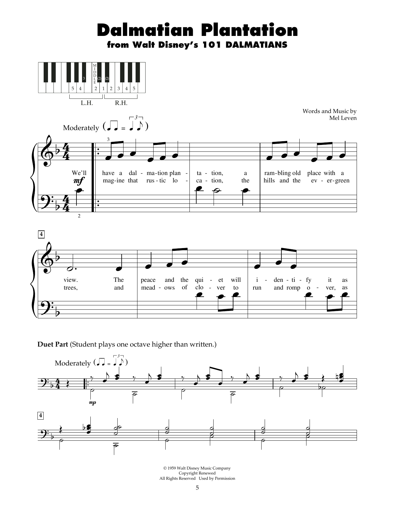 Download Mel Leven Dalmatian Plantation (from 101 Dalmatians) Sheet Music and learn how to play 5-Finger Piano PDF digital score in minutes