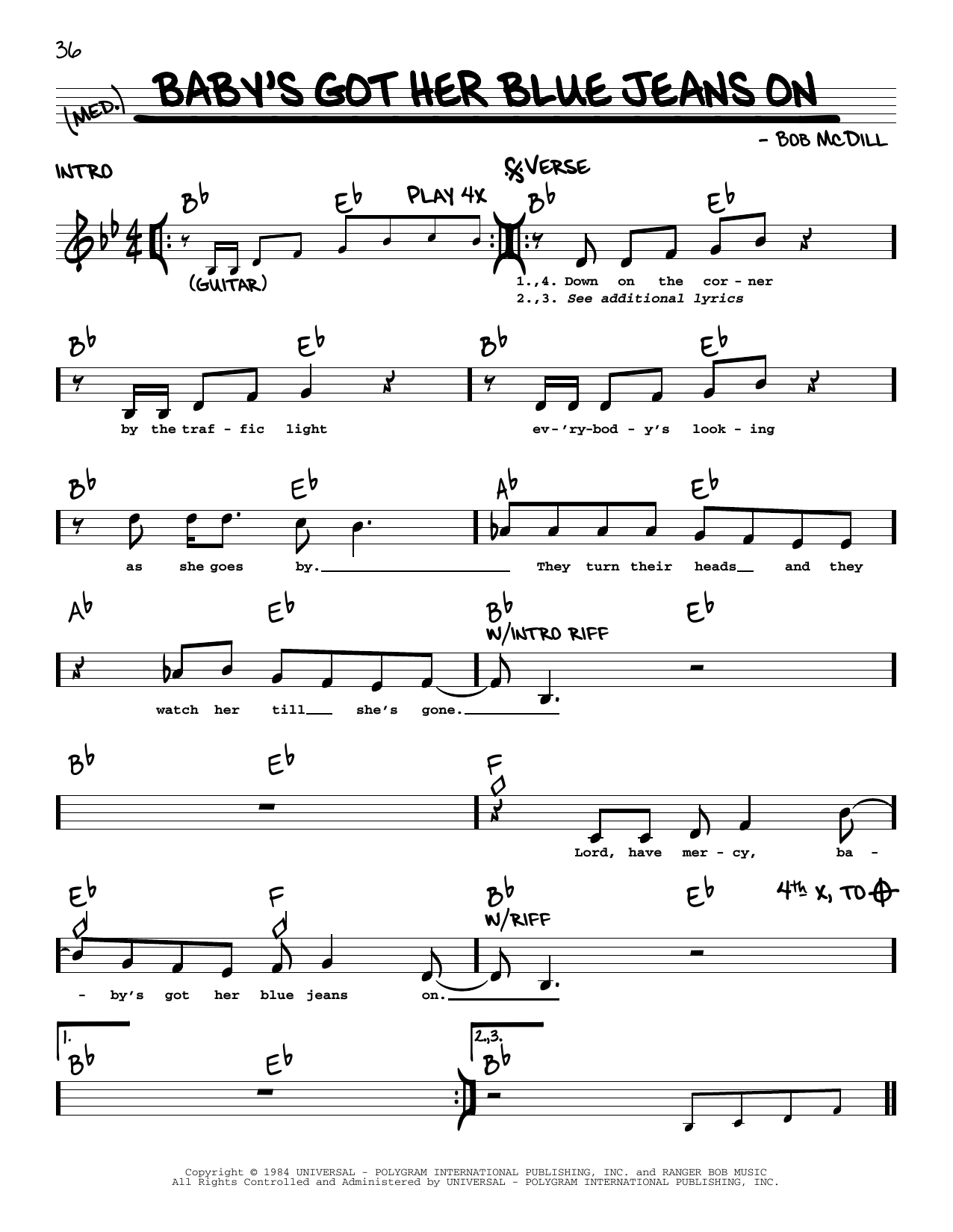 Download Mel McDaniel Baby's Got Her Blue Jeans On Sheet Music and learn how to play Real Book – Melody, Lyrics & Chords PDF digital score in minutes