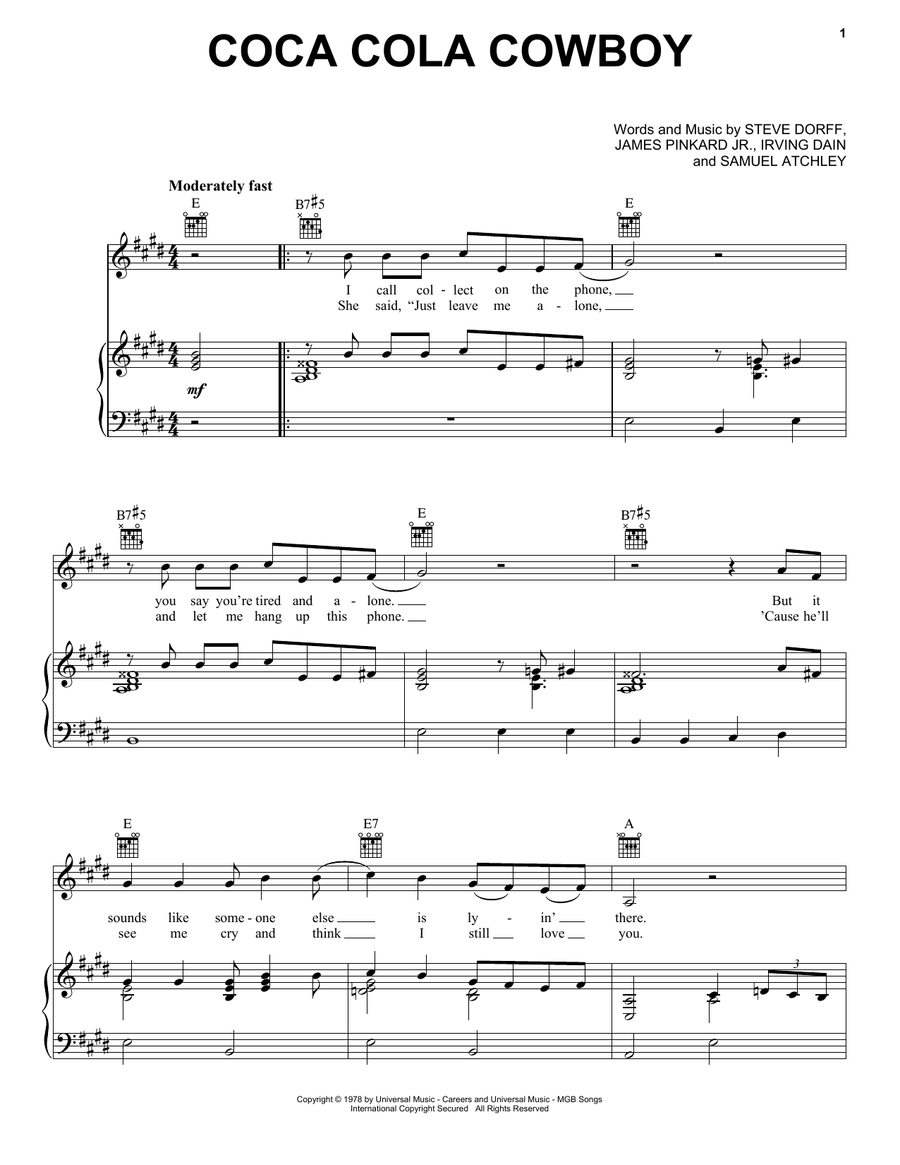 Download Mel Tillis Coca-Cola Cowboy Sheet Music and learn how to play Piano, Vocal & Guitar (Right-Hand Melody) PDF digital score in minutes
