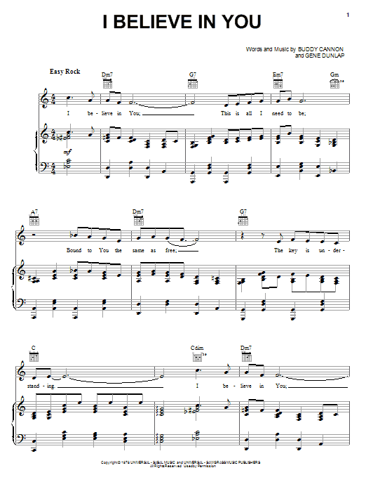 Download Mel Tillis I Believe In You Sheet Music and learn how to play Piano, Vocal & Guitar (Right-Hand Melody) PDF digital score in minutes
