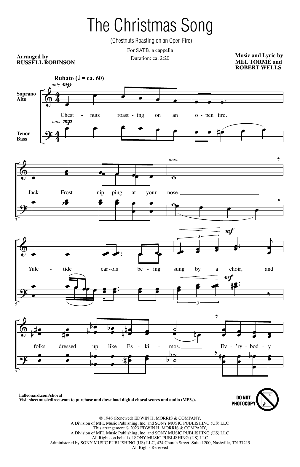 Download Mel Torme & Robert Wells The Christmas Song (Chestnuts Roasting On An Open Fire) (arr. Russell Robinson) Sheet Music and learn how to play SATB Choir PDF digital score in minutes