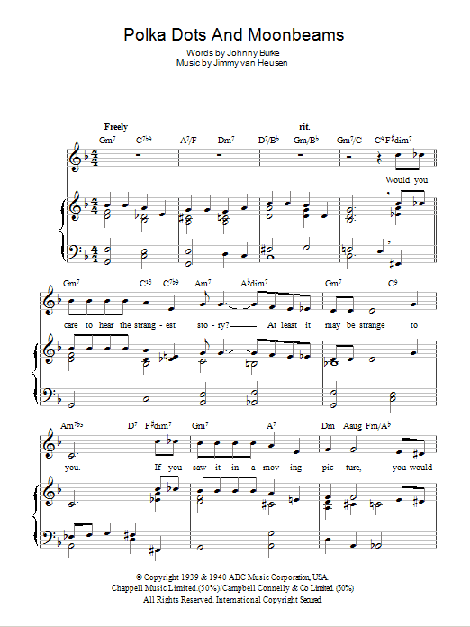 Download Mel Torme Polka Dots And Moonbeams Sheet Music and learn how to play Piano, Vocal & Guitar (Right-Hand Melody) PDF digital score in minutes