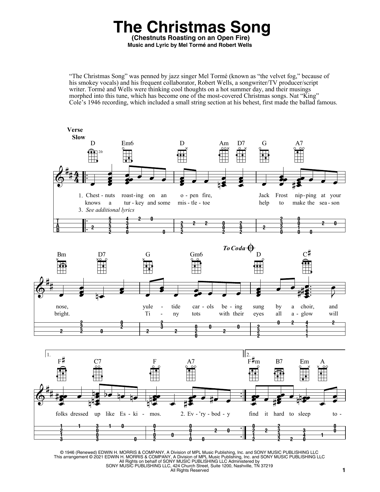 Download Mel Torme The Christmas Song (Chestnuts Roasting On An Open Fire) (arr. Fred Sokolow) Sheet Music and learn how to play Ukulele PDF digital score in minutes