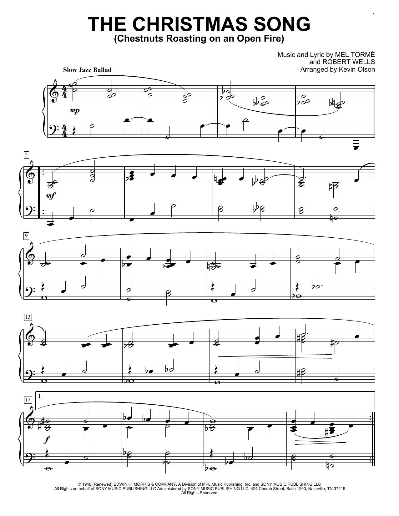 Download Mel Torme The Christmas Song (Chestnuts Roasting On An Open Fire) (arr. Kevin Olson) Sheet Music and learn how to play Easy Piano Solo PDF digital score in minutes