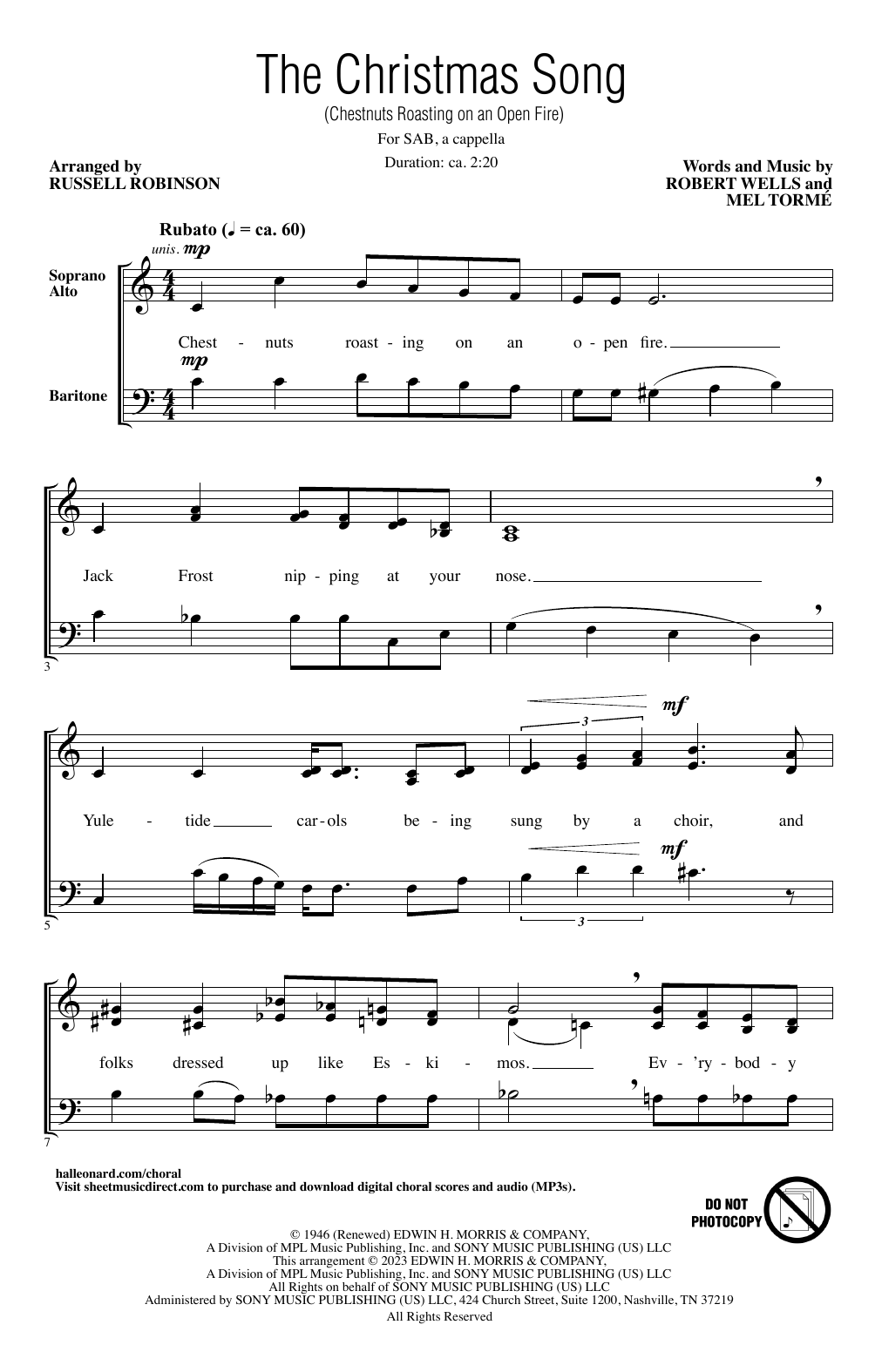 Download Mel Torme The Christmas Song (Chestnuts Roasting On An Open Fire) (arr. Russell Robinson) Sheet Music and learn how to play SAB Choir PDF digital score in minutes