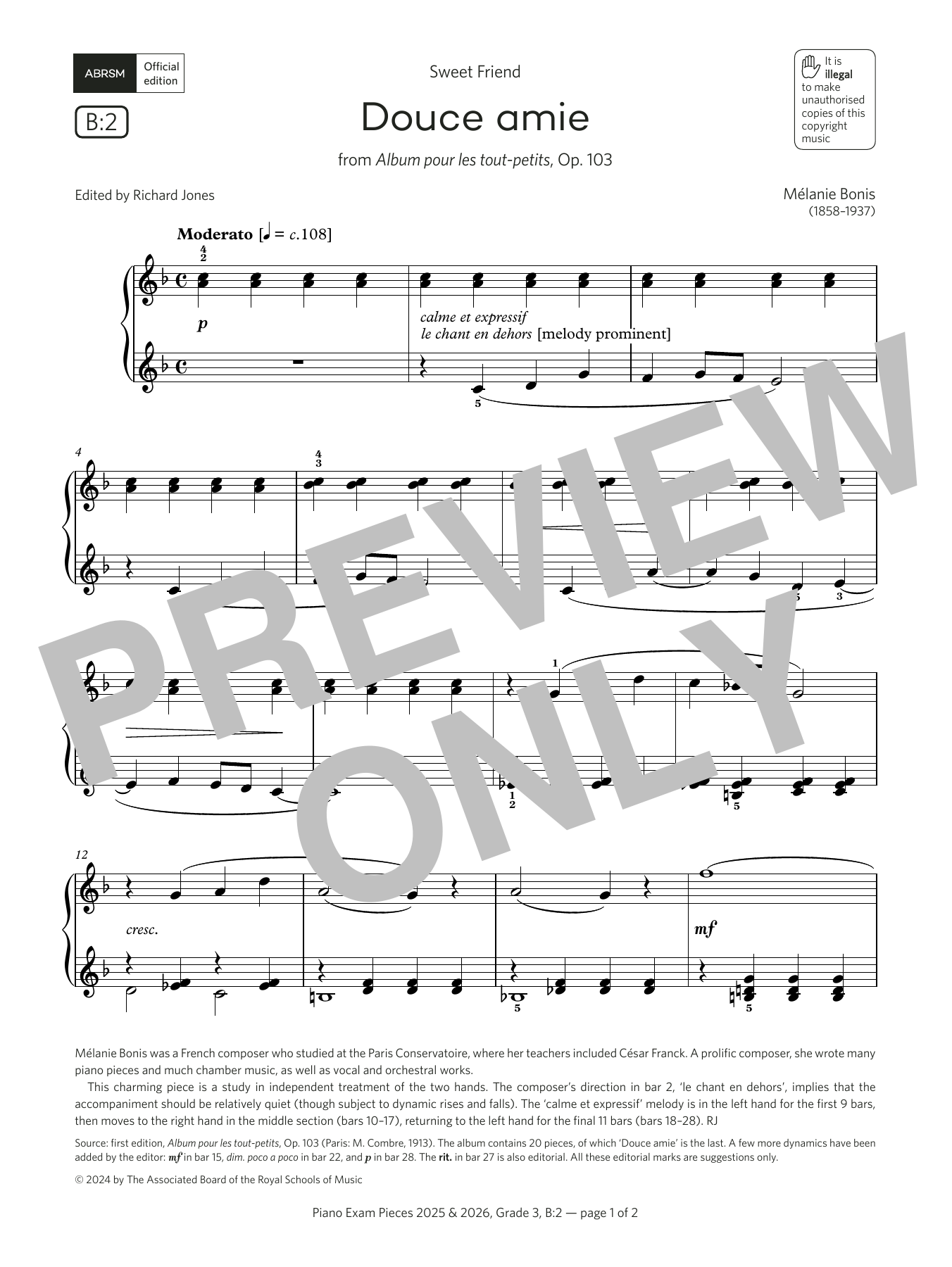 Download Mélanie Bonis Douce amie (Grade 3, list B2, from the ABRSM Piano Syllabus 2025 & 2026) Sheet Music and learn how to play Piano Solo PDF digital score in minutes