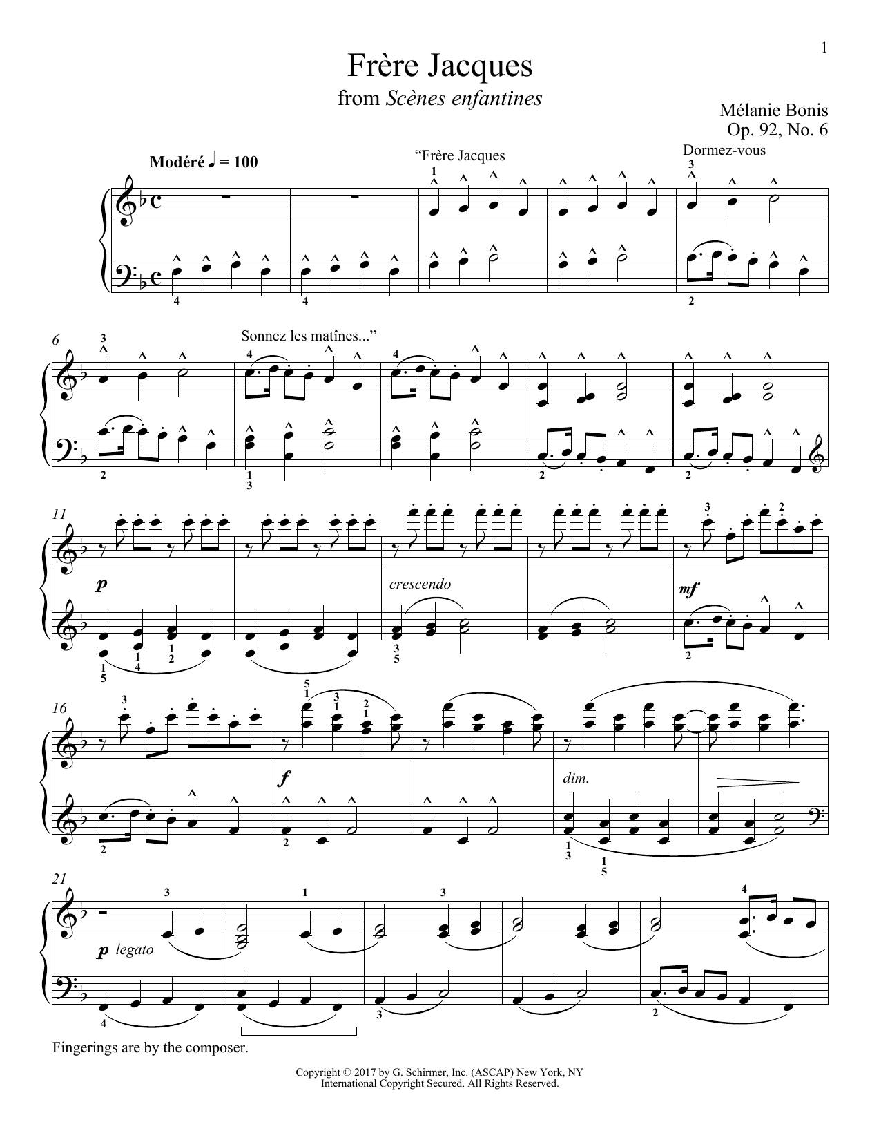 Download Melanie Bonis Frere Jacques Sheet Music and learn how to play Piano PDF digital score in minutes