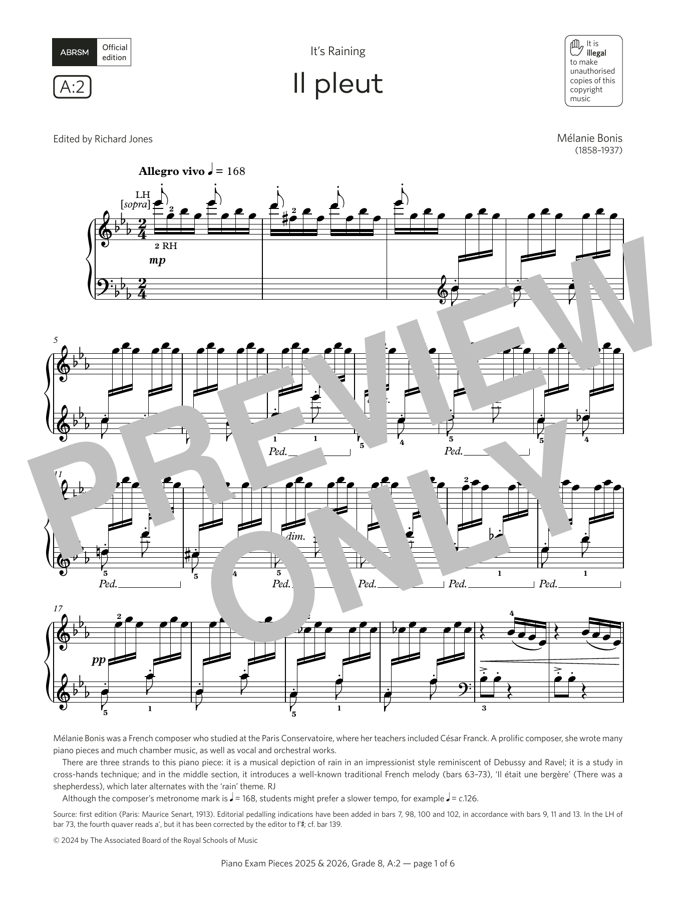 Download Mélanie Bonis Il pleut (Grade 8, list A2, from the ABRSM Piano Syllabus 2025 & 2026) Sheet Music and learn how to play Piano Solo PDF digital score in minutes