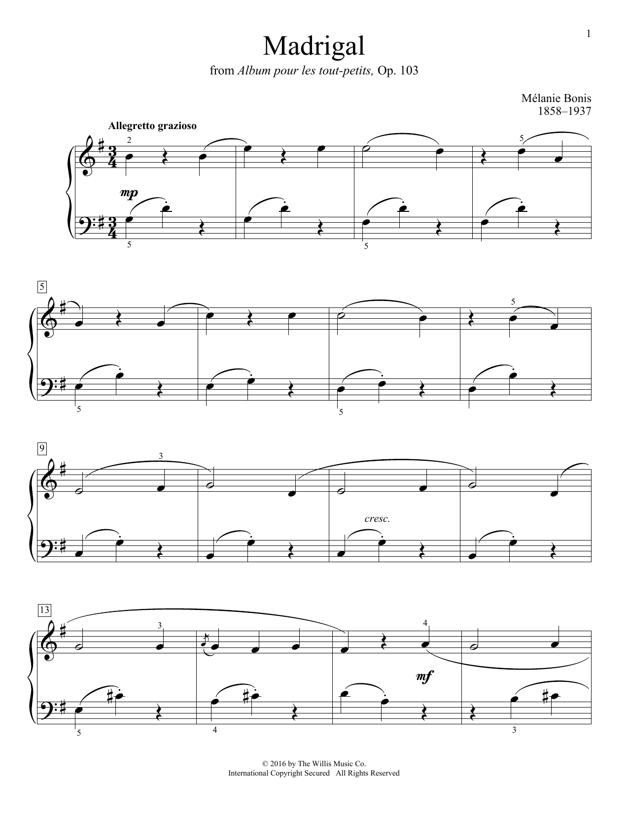 Download Melanie Bonis Madrigal Sheet Music and learn how to play Educational Piano PDF digital score in minutes