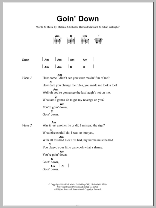 Download Melanie C Goin' Down Sheet Music and learn how to play Lyrics & Chords PDF digital score in minutes