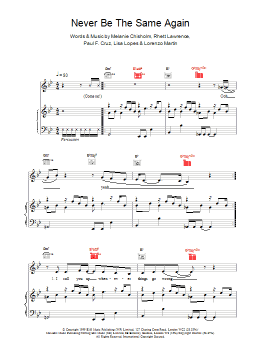 Download Melanie C Never Be The Same Again Sheet Music and learn how to play Piano, Vocal & Guitar PDF digital score in minutes