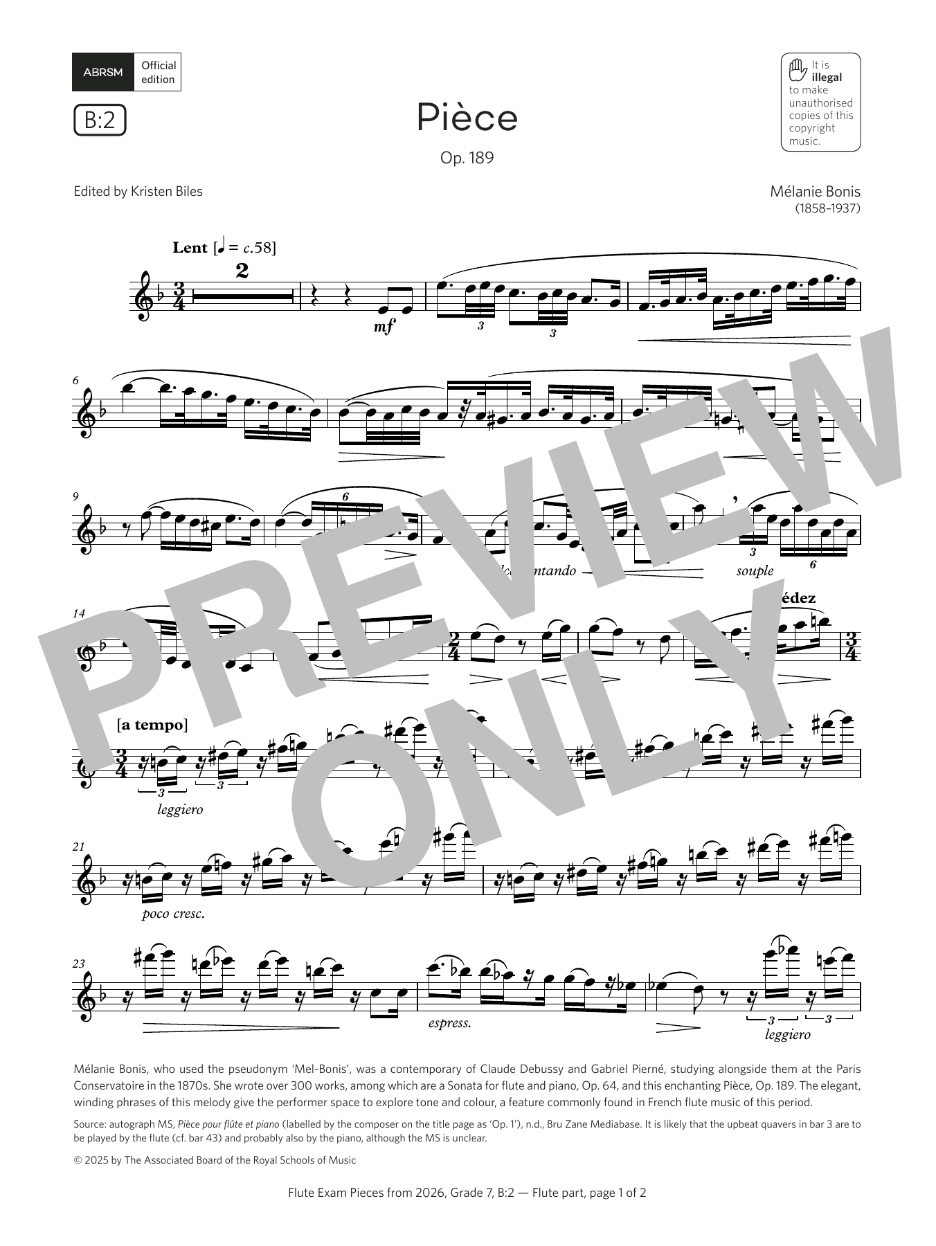 Download Mélanie Helene Bonis Pièce (Grade 7, list B2, from the ABRSM Flute Syllabus from 2026) Sheet Music and learn how to play Flute Solo PDF digital score in minutes