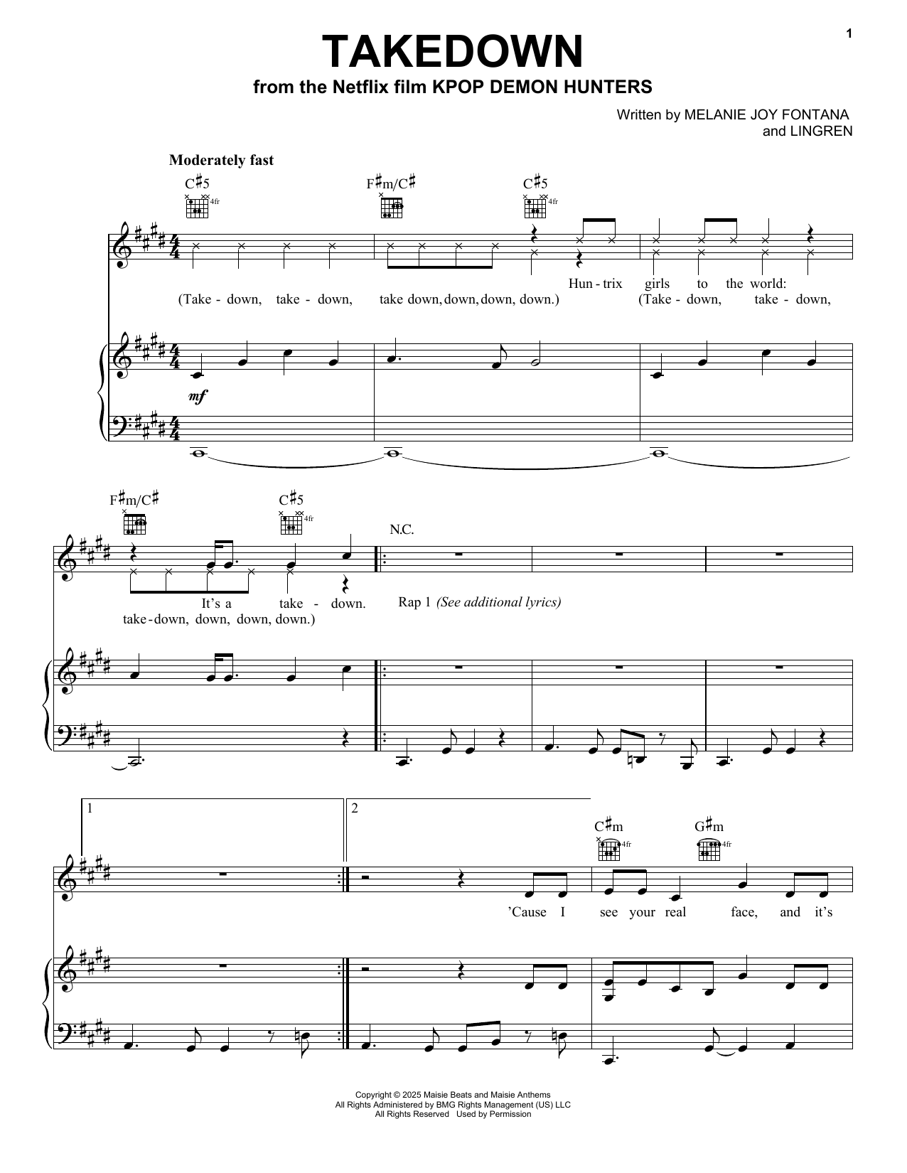 Download Melanie Joy Fontana Takedown (from KPop Demon Hunters) Sheet Music and learn how to play Piano, Vocal & Guitar Chords (Right-Hand Melody) PDF digital score in minutes