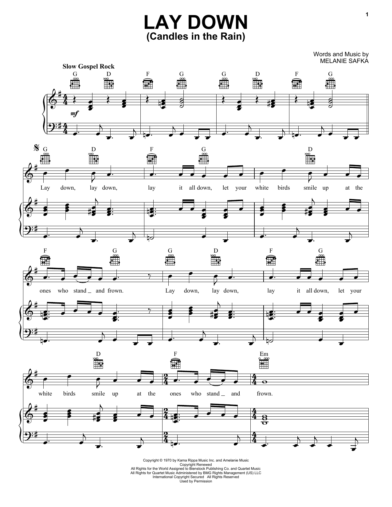 Download Melanie Lay Down (Candles In The Rain) Sheet Music and learn how to play Piano, Vocal & Guitar (Right-Hand Melody) PDF digital score in minutes