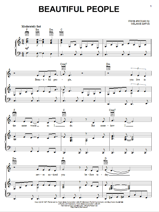 Download Melanie Safka Beautiful People Sheet Music and learn how to play Piano, Vocal & Guitar (Right-Hand Melody) PDF digital score in minutes