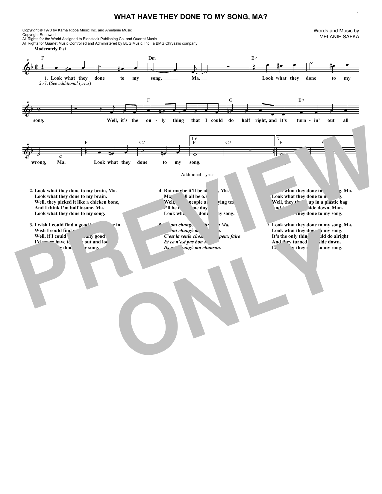 Download Melanie Safka What Have They Done To My Song, Ma? Sheet Music and learn how to play Melody Line, Lyrics & Chords PDF digital score in minutes