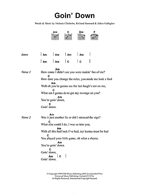 Download Melanie C Goin' Down Sheet Music and learn how to play Lyrics & Chords PDF digital score in minutes
