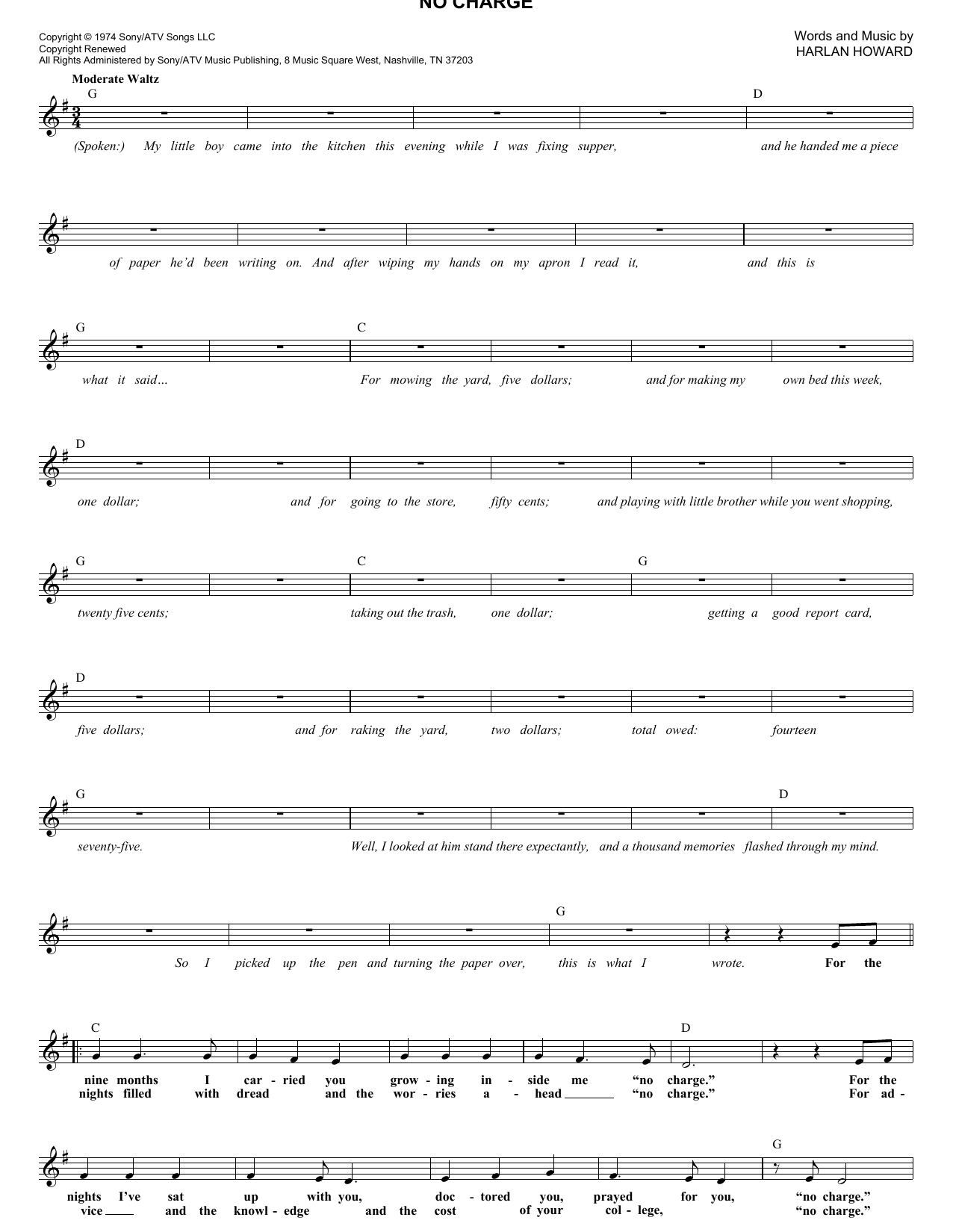 Download Melba Montgomery No Charge Sheet Music and learn how to play Melody Line, Lyrics & Chords PDF digital score in minutes