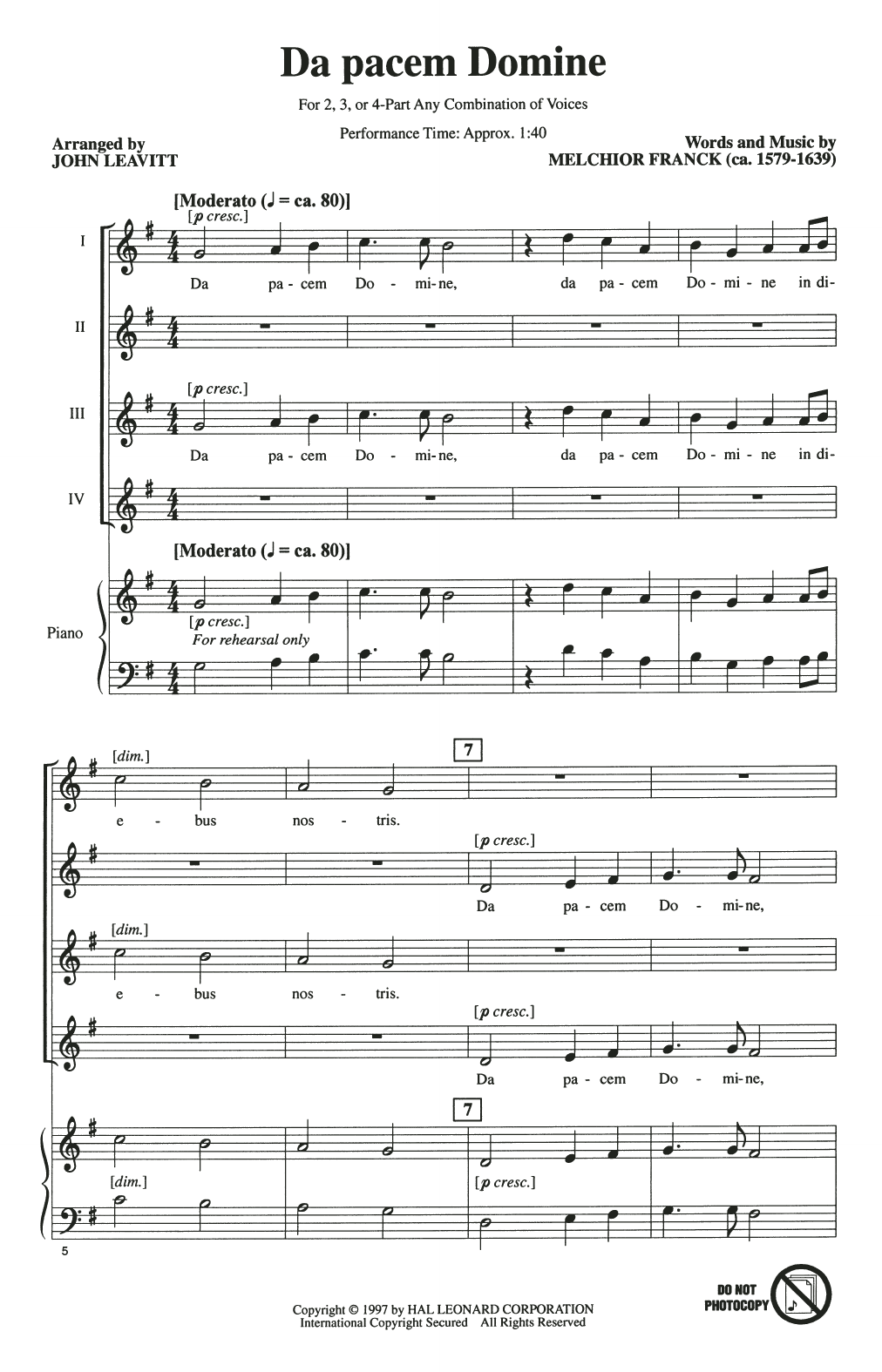 Download Melchior Franck Da Pacem Domine (arr. John Leavitt) Sheet Music and learn how to play 4-Part Choir PDF digital score in minutes