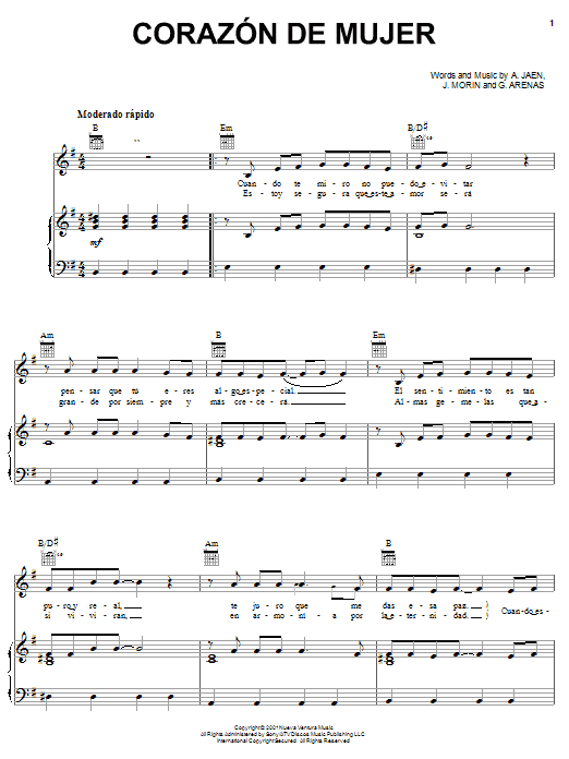 Download Melina Leon Corazon De Mujer Sheet Music and learn how to play Piano, Vocal & Guitar (Right-Hand Melody) PDF digital score in minutes