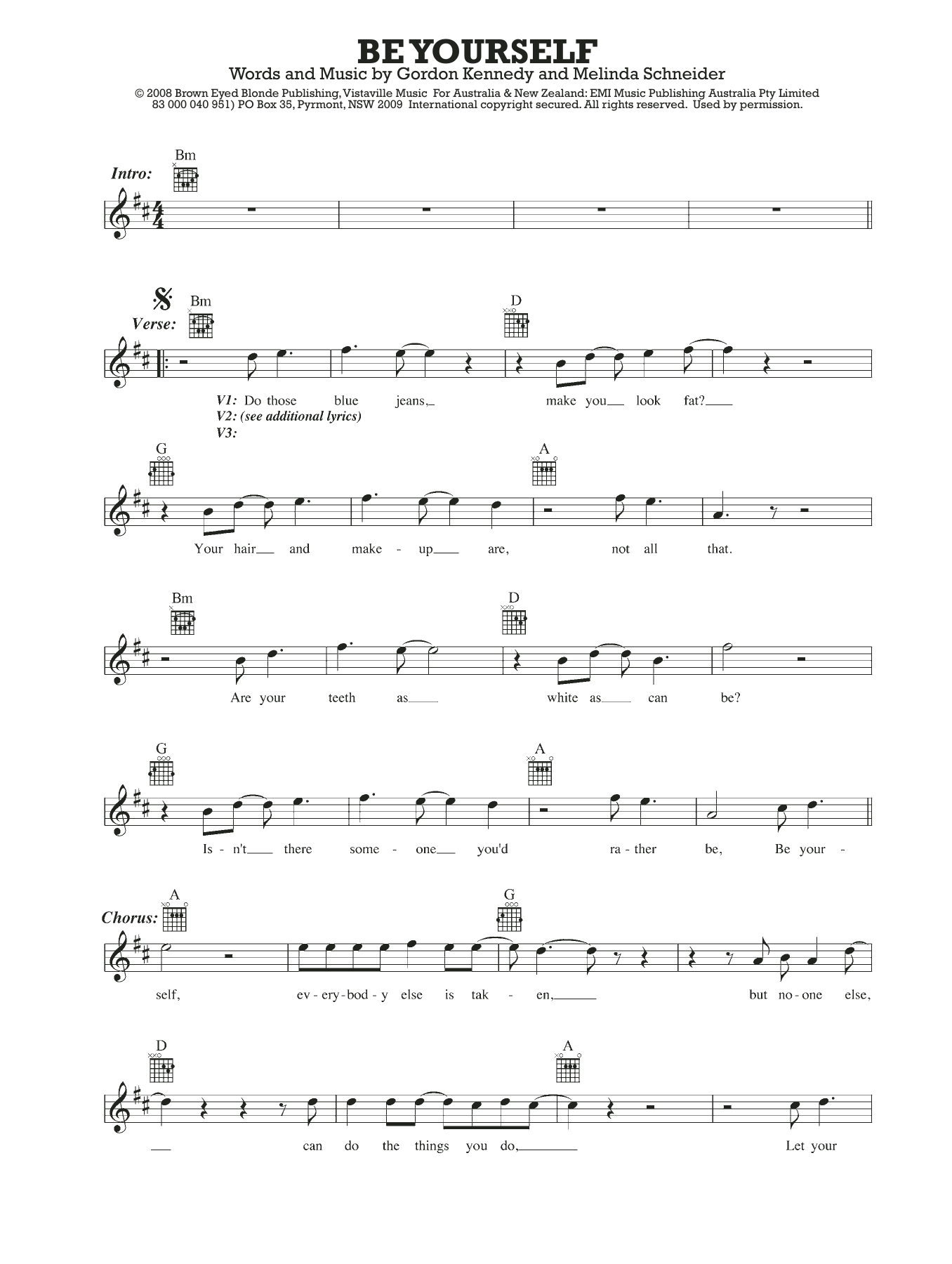 Download Melinda Schneider Be Yourself Sheet Music and learn how to play Melody Line, Lyrics & Chords PDF digital score in minutes