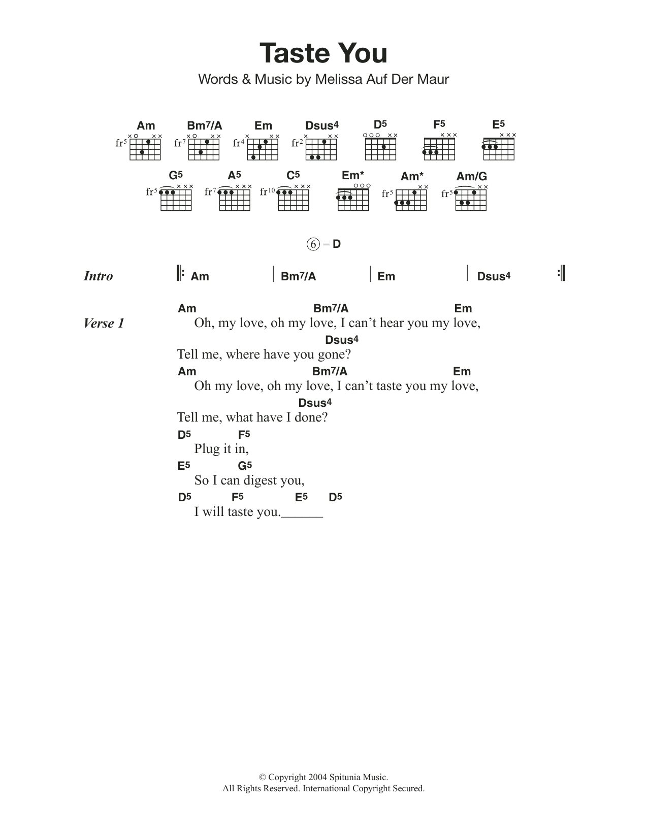Download Melissa Auf Der Maur Taste You Sheet Music and learn how to play Lyrics & Chords PDF digital score in minutes