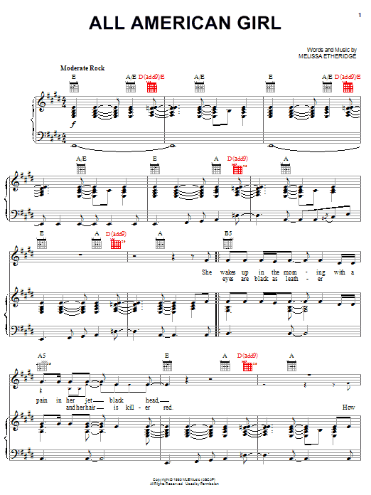 Download Melissa Etheridge All American Girl Sheet Music and learn how to play Guitar Tab PDF digital score in minutes