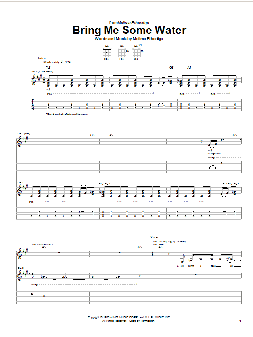 Download Melissa Etheridge Bring Me Some Water Sheet Music and learn how to play Guitar Tab PDF digital score in minutes