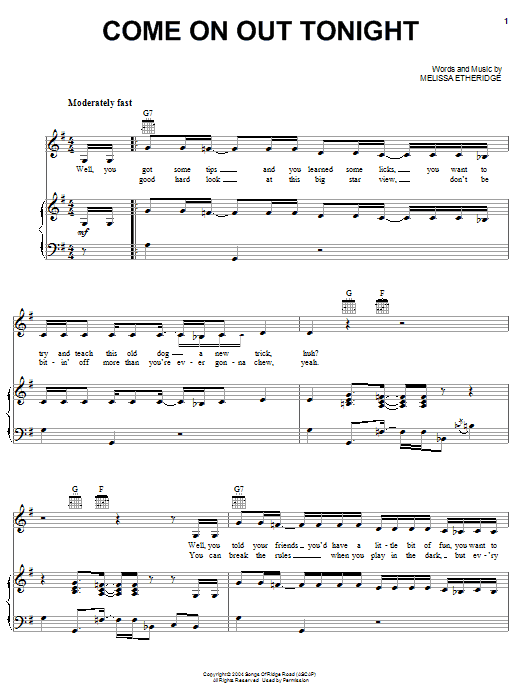 Download Melissa Etheridge Come On Out Tonight Sheet Music and learn how to play Piano, Vocal & Guitar (Right-Hand Melody) PDF digital score in minutes