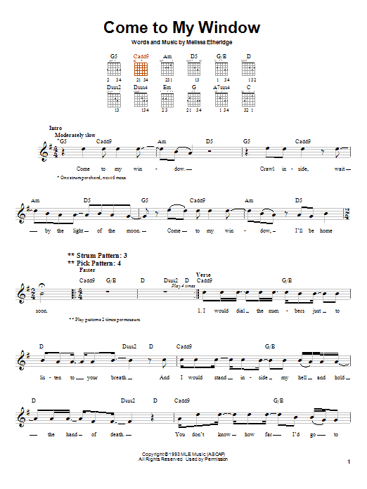 Download Melissa Etheridge Come To My Window Sheet Music and learn how to play Guitar with strumming patterns PDF digital score in minutes