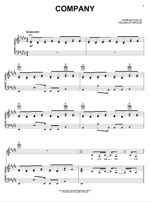 Download Melissa Etheridge Company Sheet Music and learn how to play Piano, Vocal & Guitar (Right-Hand Melody) PDF digital score in minutes
