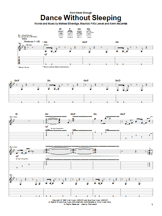 Download Melissa Etheridge Dance Without Sleeping Sheet Music and learn how to play Guitar Tab PDF digital score in minutes