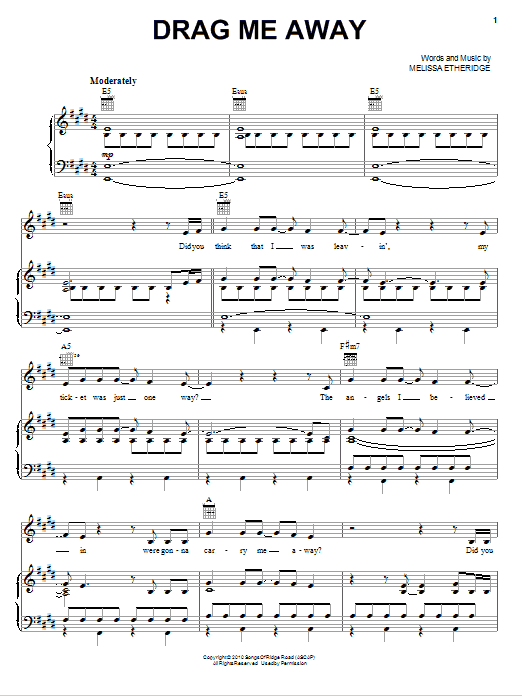 Download Melissa Etheridge Drag Me Away Sheet Music and learn how to play Piano, Vocal & Guitar (Right-Hand Melody) PDF digital score in minutes
