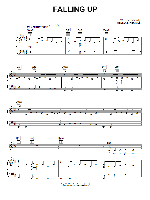 Download Melissa Etheridge Falling Up Sheet Music and learn how to play Piano, Vocal & Guitar (Right-Hand Melody) PDF digital score in minutes