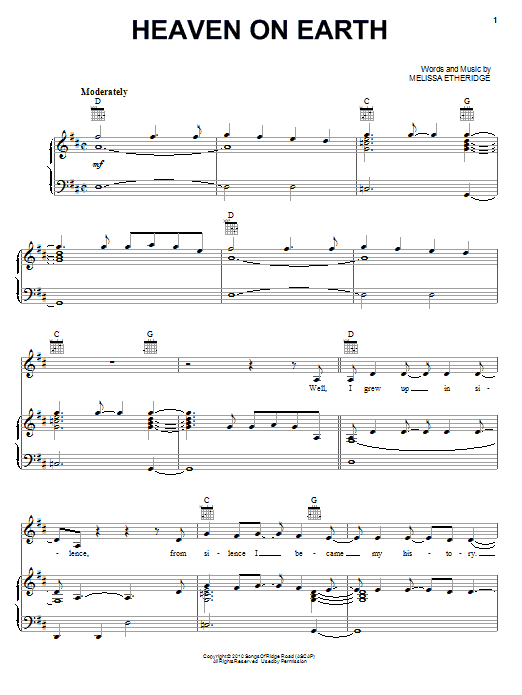 Download Melissa Etheridge Heaven On Earth Sheet Music and learn how to play Piano, Vocal & Guitar (Right-Hand Melody) PDF digital score in minutes