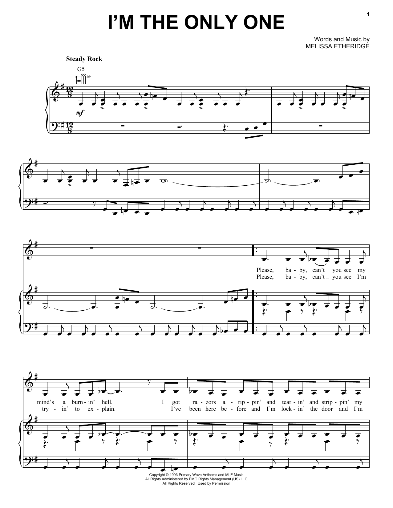 Download Melissa Etheridge I'm The Only One Sheet Music and learn how to play Piano, Vocal & Guitar (Right-Hand Melody) PDF digital score in minutes