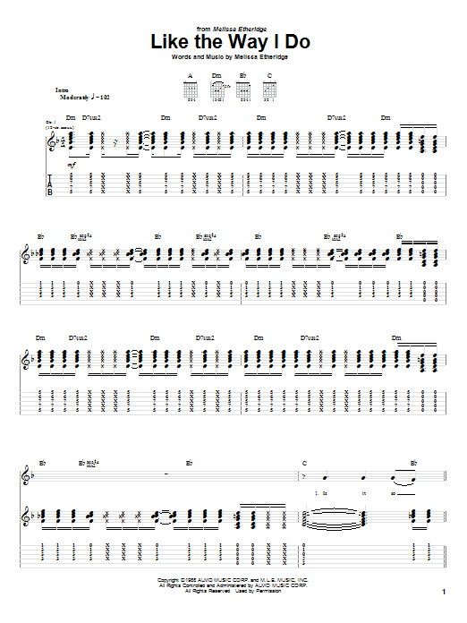 Download Melissa Etheridge Like The Way I Do Sheet Music and learn how to play Guitar with strumming patterns PDF digital score in minutes