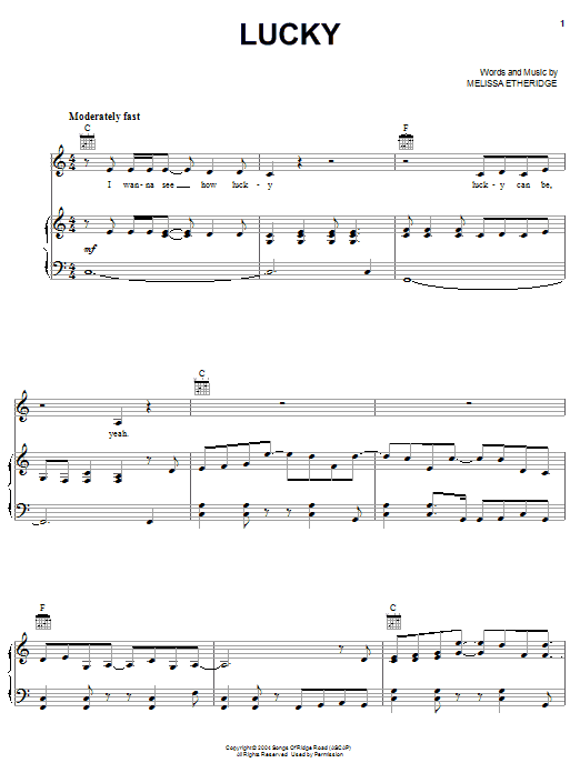 Download Melissa Etheridge Lucky Sheet Music and learn how to play Piano, Vocal & Guitar (Right-Hand Melody) PDF digital score in minutes