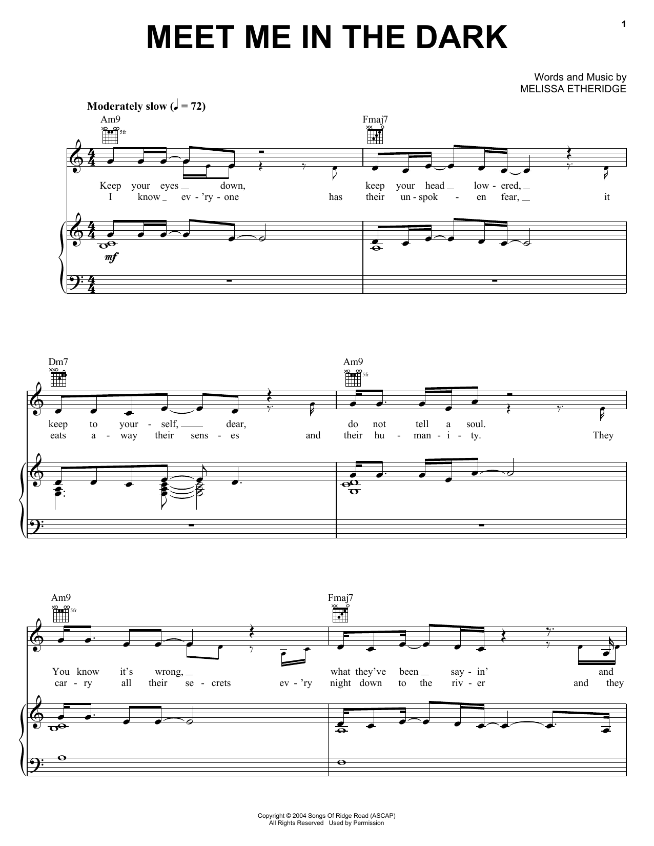 Download Melissa Etheridge Meet Me In The Dark Sheet Music and learn how to play Piano, Vocal & Guitar (Right-Hand Melody) PDF digital score in minutes