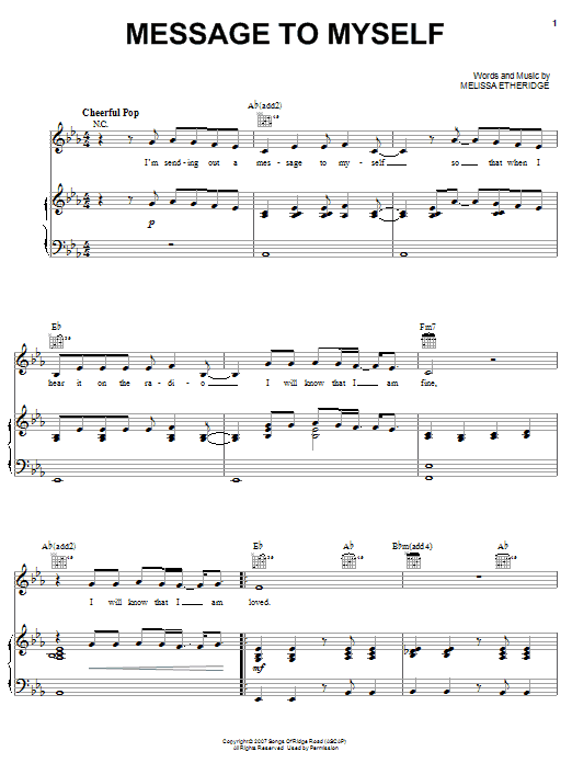 Download Melissa Etheridge Message To Myself Sheet Music and learn how to play Piano, Vocal & Guitar (Right-Hand Melody) PDF digital score in minutes