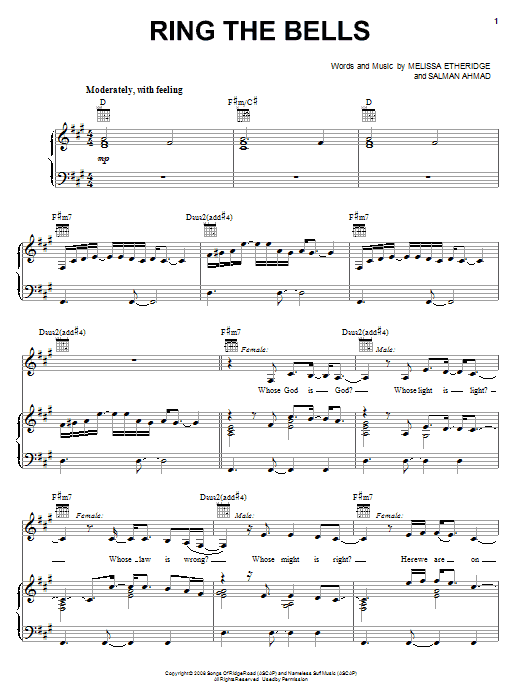 Download Melissa Etheridge Ring The Bells Sheet Music and learn how to play Piano, Vocal & Guitar (Right-Hand Melody) PDF digital score in minutes