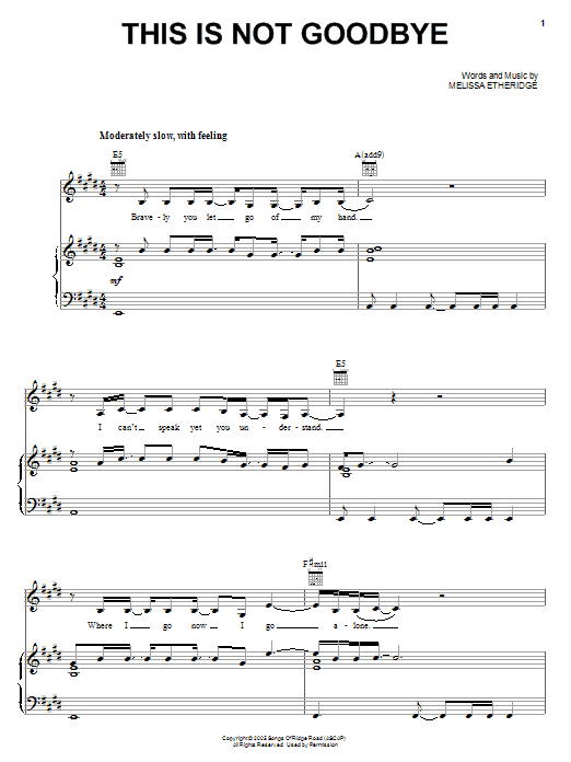 Download Melissa Etheridge This Is Not Goodbye Sheet Music and learn how to play Piano, Vocal & Guitar (Right-Hand Melody) PDF digital score in minutes