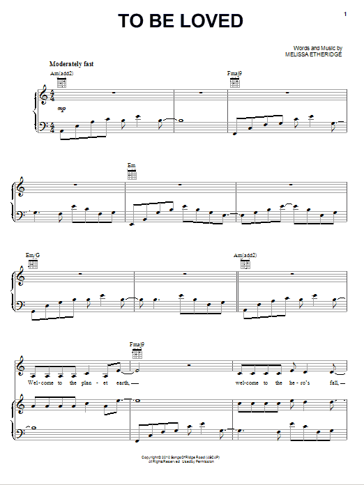 Download Melissa Etheridge To Be Loved Sheet Music and learn how to play Piano, Vocal & Guitar (Right-Hand Melody) PDF digital score in minutes