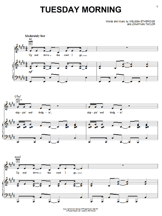 Download Melissa Etheridge Tuesday Morning Sheet Music and learn how to play Piano, Vocal & Guitar (Right-Hand Melody) PDF digital score in minutes