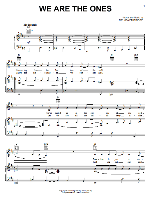 Download Melissa Etheridge We Are The Ones Sheet Music and learn how to play Piano, Vocal & Guitar (Right-Hand Melody) PDF digital score in minutes